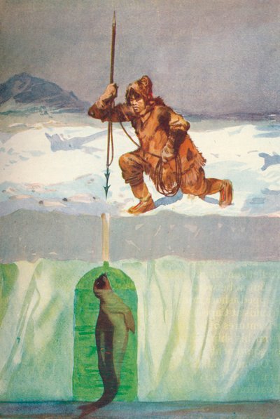 爱斯基摩人准备用矛刺穿海豹的呼吸孔》，约1927年，1928年 作者 亨利·艾维森