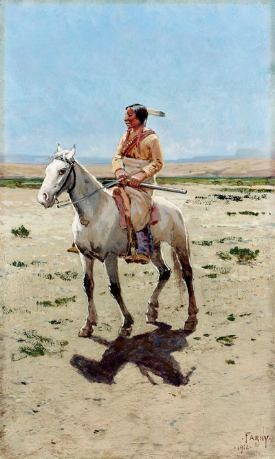 夏安侦察兵马背上手持步枪的印第安人。亨利-弗朗索瓦-法尼（1847-1916 年）的画作 作者 亨利·弗朗索瓦·法尼