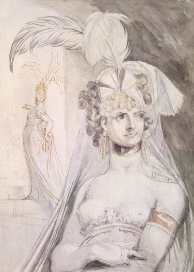 有羽毛的妓女，她头发上的蝴蝶结和面纱，1800-10（铅笔，卫生纸和墨水在纸上）的半身像 作者 约翰·海因里希·富斯里