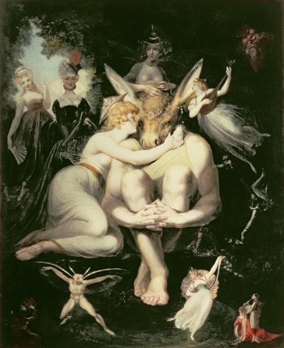 Titania Awakes，被服务员仙女包围，依旧紧紧地抱着底部，仍然戴着屁股头，1793-4 作者 约翰·海因里希·富斯里