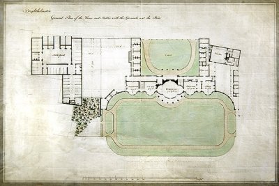 布莱特赫姆斯通，或布莱顿馆--房屋和马厩的总平面图，显示建筑师亨利-霍兰（1745-1806）的扩建部分，约1801年（纸上水彩）。 作者 亨利·荷兰