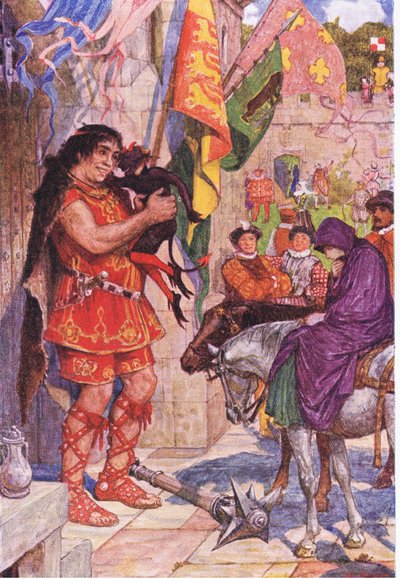 当Wayland将艾米带到凯尼尔沃思城堡时，Flibbertibbet打扮成一个魔鬼安抚了巨人，插图来自Kenilworth，c.1910 作者 亨利·正义·福特