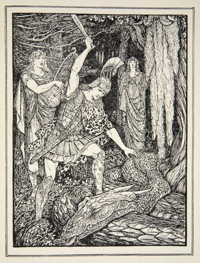 从1926年安德鲁·朗（Andrew Lang）的“希腊海洋传说”（The Tales of the Greek Seas）中看到了保护金羊毛的蛇是如何被杀的（墨水在纸上） 作者 亨利·正义·福特