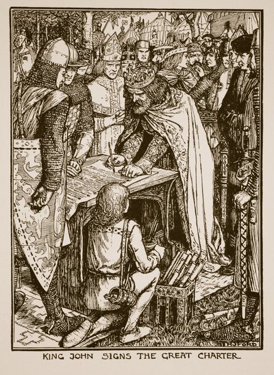 约翰国王演唱了大宪章，由CRL Fletcher和Rudyard Kipling撰写的“英国历史”插图，1911年 作者 亨利·正义·福特