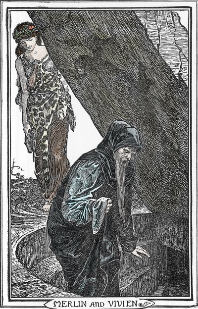 魔法师梅林和费-薇薇安（Merlin anc Vivien）的代表作 亨利-贾斯特（HJ）-福特（1860-1941 年）的插图，选自《浪漫之书》，1902 年 珍藏版 作者 亨利·正义·福特