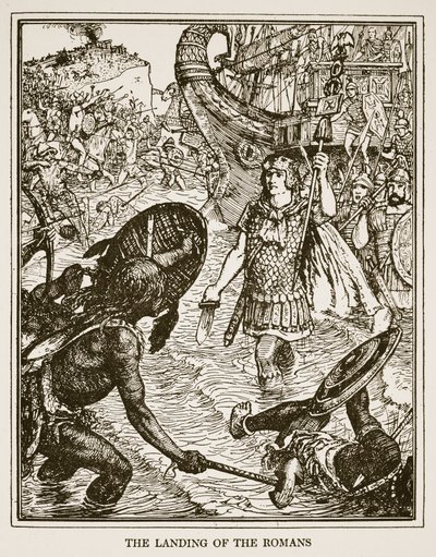 罗马人的登陆，来自CRL Fletcher和Rudyard Kipling的“英国历史”插图，1911年 作者 亨利·正义·福特