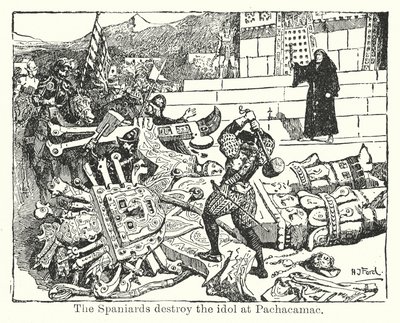 西班牙人在帕查卡马克摧毁神像（石版画） 作者 亨利·正义·福特