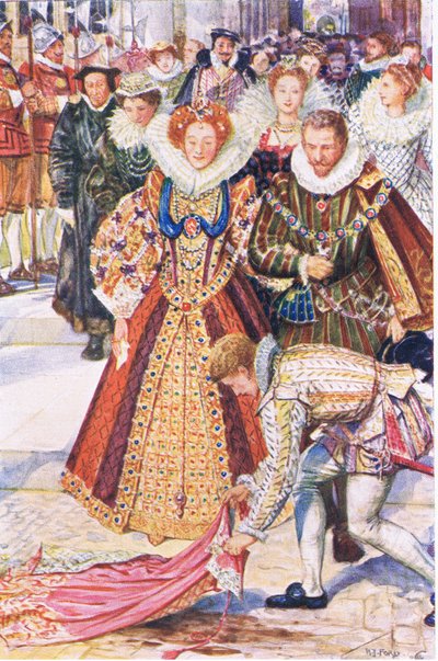 沃尔特·罗利（Walter Raleigh）为伊丽莎白女王（Queen Elizabeth）牺牲了自己的斗篷，插图来自凯尼尔沃思（Kenilworth），1910年 作者 亨利·正义·福特