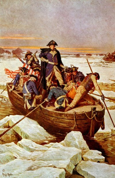 乔治-华盛顿横渡特拉华河"，1776 年 12 月 25 日。这是 1775-1783 年革命战争（美国独立战争）中的一个事件，当时乔治-华盛顿（1732-1799 年）是美军总司令。插图，约 1912 年。 作者 亨利·莫斯勒