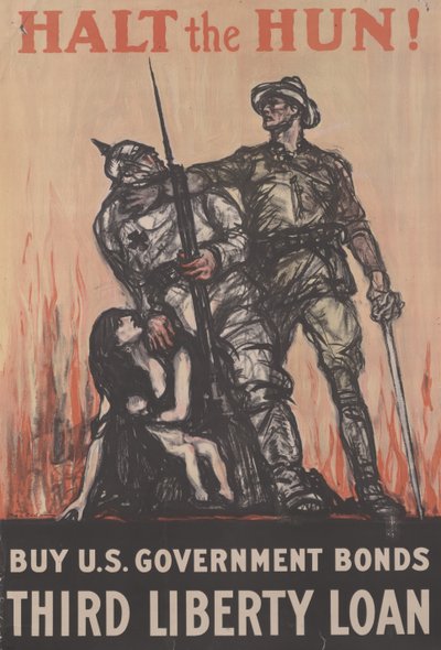 阻止匈奴!购买美国政府债券，第三次自由贷款，约1918年（彩色平印）。 作者 亨利·帕特里克·罗利