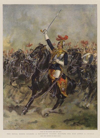 皇家骑兵卫队，一名中队领导人在收费后停止他的手下（chromolitho） 作者 Henry Payne