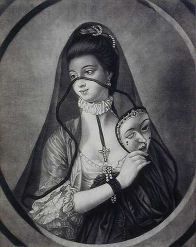 揭开面具的美丽修女》，由卡林顿-鲍尔斯（1744-93年）雕刻（平版印刷）。 作者 亨利·罗伯特（后）莫兰