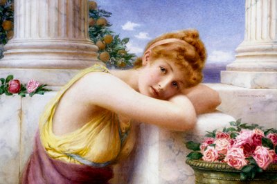 "白日梦 "reves évees, jeune fille songeuse sur une terrasse en marbre a l