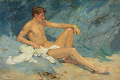 斜躺在岩石上的男性裸体 作者 Henry Scott Tuke