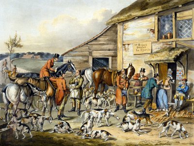《猎狐》中的茶点，由 Thomas Sutherland (1785-1838) 雕刻（彩色石版画） 作者 亨利·托马斯（之后）阿尔肯