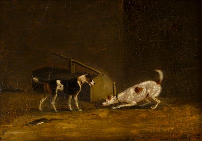 约 1805-51 年，两只正在打鼠的泰迪犬（画板油画） 作者 亨利·托马斯（阿尔肯的追随者）