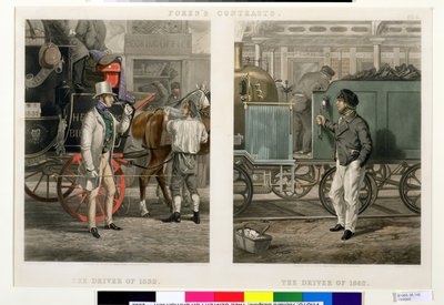 Fore&39;s Contrasts：1832年的司机，1852年的司机，由约翰哈里斯（1811-65）1852年刻（手绘的aquatint） 作者 亨利·托马斯·阿尔肯