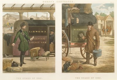 Fore的对比：1832年的卫兵，1852年的卫兵，由John Harris（1811-65）1852年刻（手工彩色的aquatint） 作者 亨利·托马斯·阿尔肯