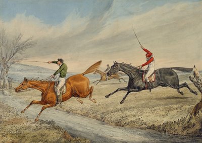 Steeplechasing：三个骑手拿一个布鲁克（铅笔和wc在纸上） 作者 亨利·托马斯·阿尔肯