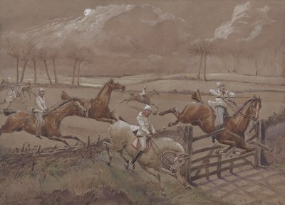 Nacton Heath附近的最后一片，第3页，来自The First Steeple Chase on Record，由J. Harris雕刻，1839年由伦敦Ackermann印制（彩色aquatint） 作者 亨利·托马斯·阿尔肯