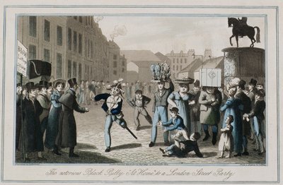 臭名昭着的黑比利&39;在家&39;参加伦敦街头派对，由Thomas Sutherland（b.1785）1823年刻（彩色蚀刻） 作者 亨利·托马斯·阿尔肯