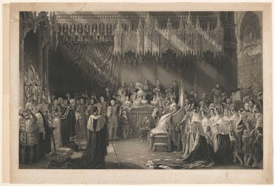 英国维多利亚女王加冕典礼。以乔治-海特（George Hayter）为原型，地址为 Graves 和 Warmsby。附有木刻草图和图例 作者 亨利·托马斯·赖尔