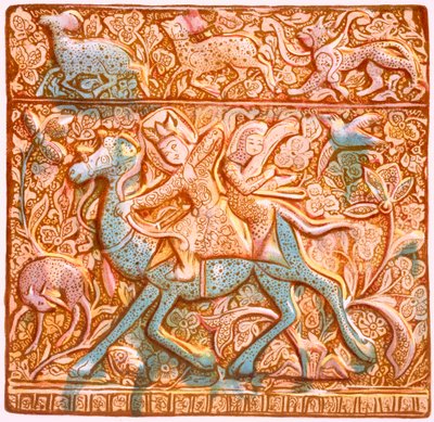 波斯有光泽的墙砖：一个骑马的萨珊族弓箭手，19世纪。 作者 亨利沃利斯