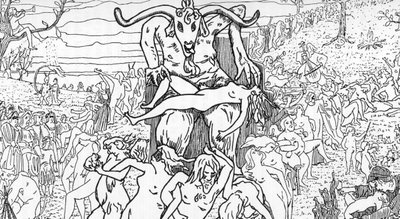 描绘了由撒旦主持的女巫聚集的安息日场景，引发了狂欢（安息日聚会）亨利·德·马尔沃斯特 (Henry de Malvost) 的绘画，选自朱尔斯·博伊斯 (Jules Bois) 的《撒旦主义与魔法》，1895 年私人收藏 作者 亨利·德·马尔沃斯特