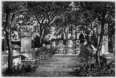 1870年，耶稣会士利玛窦（1552-1610）和亚当-沙尔-冯-贝尔（1592-1666）在北京的墓穴。根据卡特纳奇的画作雕刻的，根据汤姆森的照片雕刻的，载于 "世界之旅，新旅行杂志"，由以下人员编辑 作者 Hercule (after) Catenacci