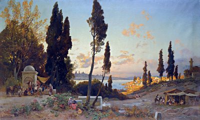 Vue du Bosphore a Constantinople - Peinture de Hermann David Salomon Corrodi (1844-1905), orientalisme - 君士坦丁堡博斯普鲁斯海峡两岸风景 - Hermann David Salomon Corrodi (1844-1905) 的布面油画 - 100x166.5 厘米 - 私人收藏 作者 赫尔曼·大卫·所罗门·科罗迪