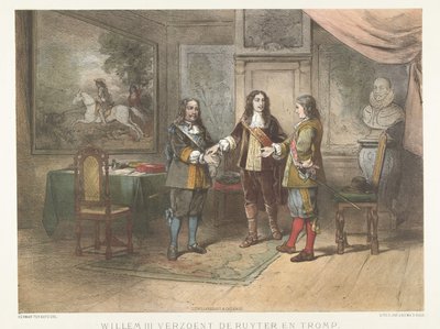 威廉三世亲王与米歇尔-德鲁伊特和科内利斯-特罗姆普和解，1673 年
威廉三世与 de Ruyter 和 Tromp 和解（物品上的标题） 作者 赫尔曼·弗雷德里克·卡雷尔十凯特
