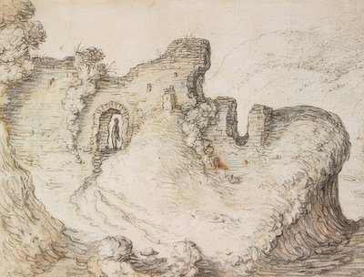 与废墟的山风景。约于1650年 作者 赫尔曼·萨夫特利文