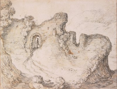与废墟的岩石风景，形成一个人的面孔，c。 1650 作者 赫尔曼·萨夫特利文