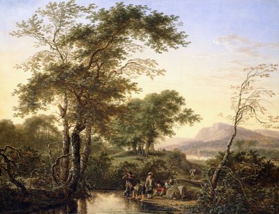 宽阔的意式河流景观，带旅客在游泳池旁，1646年 作者 小赫尔曼·萨夫特里文