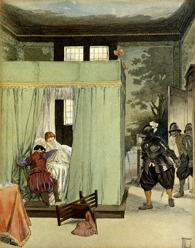 1572年8月24日的圣巴特勒米（Saint-Barthelemy）日，一位新教绅士在被称为玛格特女王（1553-1615）的法国女王玛格丽特的床上找到了避难所。赫尔曼-沃格尔（1856-1918）在 "亨利四世 "中的插图 作者 赫尔曼·沃格尔