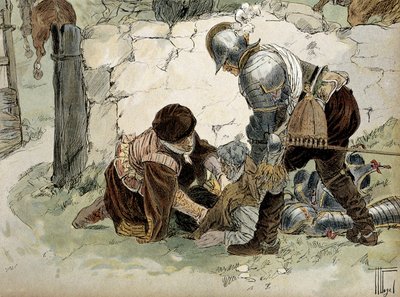 亨利四世（1553-1610）在奥马莱对马耶纳军队进行侦察时受伤。赫尔曼-沃格尔（1856-1918）在 "亨利四世 "中的插图 作者 赫尔曼·沃格尔