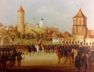 赫尔曼-沃尔兹（Hermann Volz）1849 年在里德林格尔山（Riedlinger Tor）举行的比伯拉赫民兵阅兵式 作者 赫尔曼·沃尔兹（Hermann Volz）