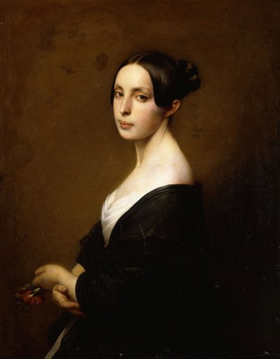 一位女士的画像，半身穿黑色连衣裙，拿着康乃馨， 作者 Hermann Winterhalter