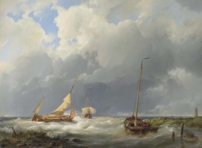 有渔船的海岸风光 作者 赫曼努斯·科克科克（Hermanus Koekkoek）