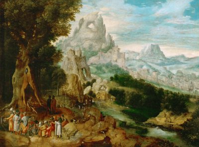 Paysage avec Saint Jean Baptiste prechant - Landscape with Saint John the Baptist Preaching, by Herri met de Bles (Henri Bles) (1510-1550). Oil on wood, ca 1535-1540. Dimension : 29x39 cm. Art History Museum, Vienne 作者 Herri met de (c.1510 p.1550) Bles
