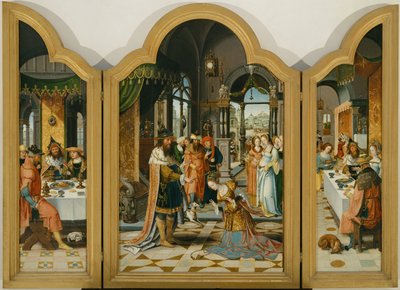 大卫和拔示巴的故事》，三联画（木板绘画） 作者 Herri met de (c.1510 p.1550) Bles
