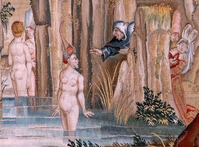 佛兰德挂毯根据 Hieronymus Bosch 设计的系列挂毯。祈祷中的圣安东尼（San Antonio en oración）。系列中的第二块挂毯。款式灵感来自 Hieronymus Bosch 的作品。制作地点 布鲁塞尔，未知作坊。1560 年前。织物 作者 Hieronymus（之后）Bosch