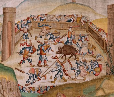 佛兰德挂毯根据 Hieronymus Bosch 创作的系列四挂毯。圣马丁（San Martín）。系列中的第一幅挂毯。模型 灵感来自于希罗尼穆斯-博什（Hieronymus Bosch）的作品。制作地点 布鲁塞尔，未知作坊。1560 年前。织物 金、银、丝绸和乌木 作者 Hieronymus（之后）Bosch