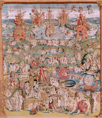 佛兰德挂毯根据 Hieronymus Bosch 创作的系列挂毯。人间乐园》（Jardín de las Delicias）。系列中的第四块挂毯。模型 灵感来自于希罗尼穆斯-博什的作品。制作地点不详，布鲁塞尔。1560 年之前。花型 作者 Hieronymus（之后）Bosch