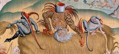 佛兰德挂毯根据 Hieronymus Bosch 创作的四幅挂毯系列。人类生活的苦难（Tribulaciones de la vida humana）。系列中的第三块挂毯。款式灵感来源于希罗尼穆斯-博什的作品。制作地点 布鲁塞尔，未知作坊。1560 年之前 作者 Hieronymus（之后）Bosch