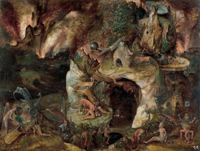 "" Paysage des enfers "" (Inferno Landscape) 来自 Jerome Bosch 学校的绘画，约 1561 年暗淡 49x64 厘米，马德里普拉多博物馆 作者 博世Hieronymus（学校）