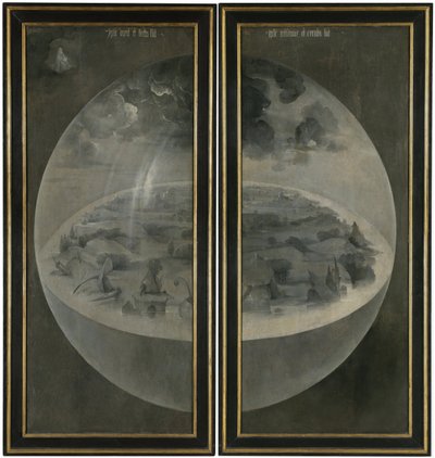 代表地球宇宙球体的世界的创造（泡泡）。 三联画的百叶窗背面“”尘世的花园“”。 Hieronymus Van Aeken (Aken) 的画作 Jerome Bosch (1450-1516) 作者 Hieronymus Bosch
