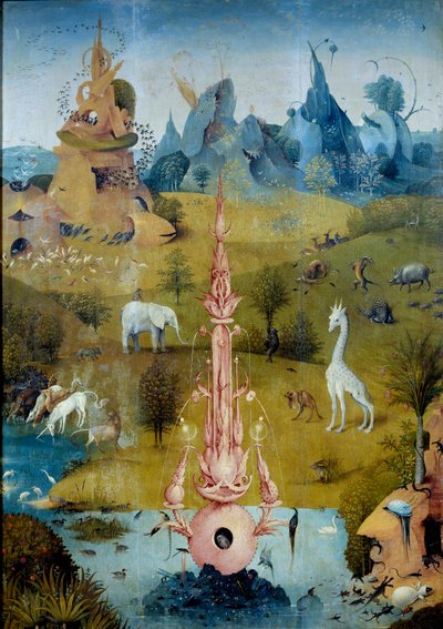 天堂拉封丹。 Hieronymus Van Aken (Aken) di Jerome Bosch (1450-1516) 三联画《美味花园》左侧部分的细节 作者 Hieronymus Bosch