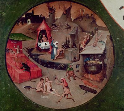 七宗罪和最后四件事的桌面，地狱的细节，约1480年（油画板）。 作者 Hieronymus Bosch