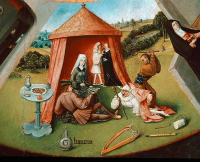 欲望。 七大罪表的细节（木头油 作者 Hieronymus Bosch
